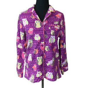 Nick and Nora Flannel Pajama Shirt size M Owl Sleepwear Purple Pink Button Front